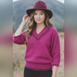 Gitano Womens Vintage Magenta Collared Knit Sweater 3/4 Sleeve V-neck Shawl SzS